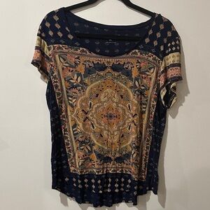 Lucky Brand Navy and Gold Short Sleeve Top- Boho, Western, Detail, Colorful
